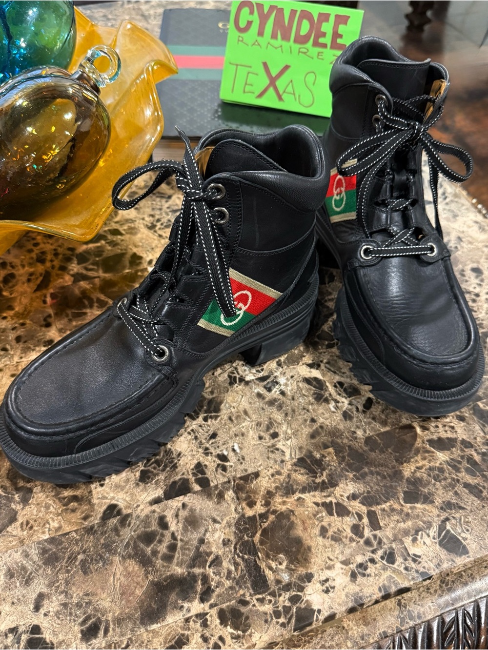 Unisex Black Leather LaceUp Boots, Red & Green Accent, Men’s 4.5,Women’s 38.5/39